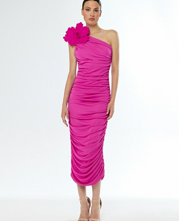 CARLA RUIZ VESTIDO COLOR AZULN  MIDI ASIMETRICO MODELO 51687