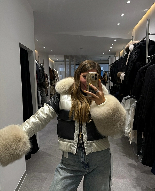 CAZADORA TIPO PLUMAS COMBINADA CON BOLSILLOS DE NAPA - 20632