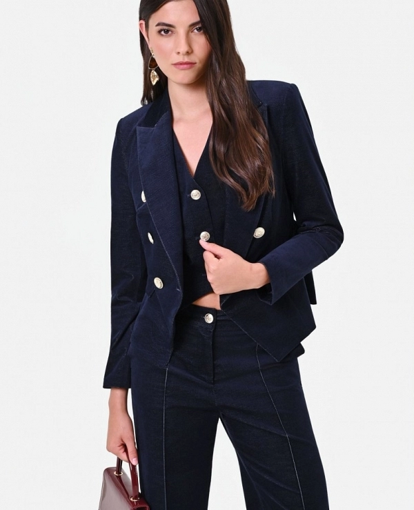 CHAQUETA CRUZADA DE TERCIOPELO AZUL DE RINASCIMENTO MODELO CFC0130421003