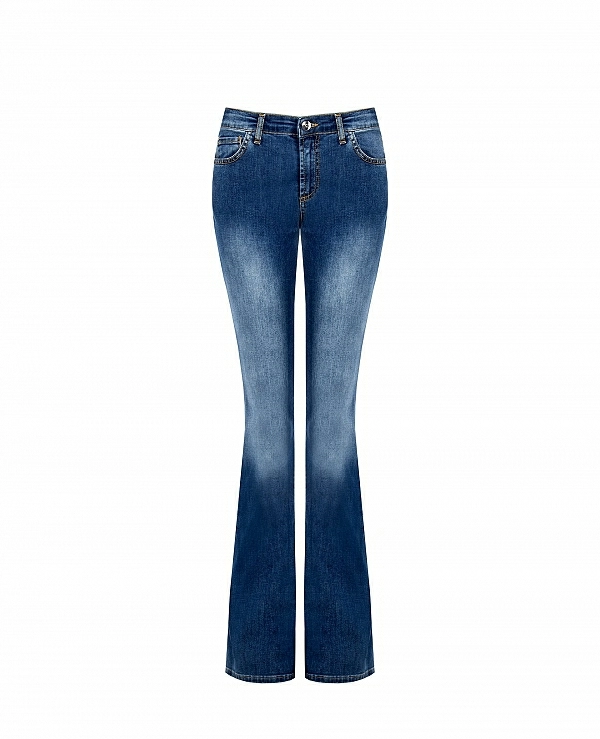 Pantalones vaqueros acampanados el�sticos de lavado medio con pedrer�a en el bolsillo trasero. - 21492