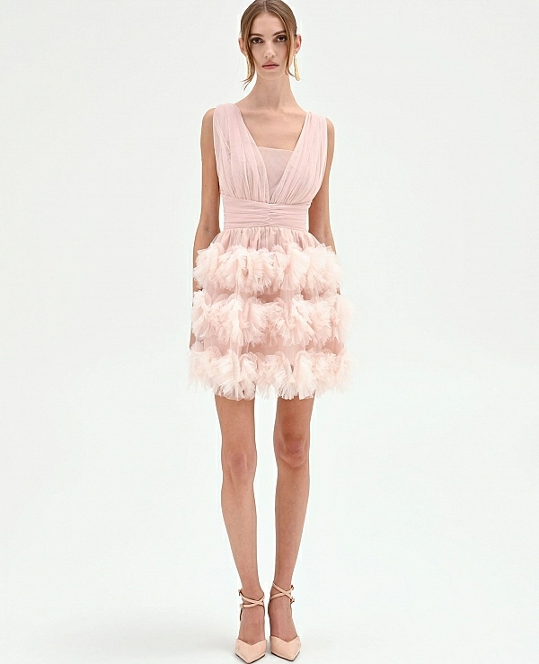 VESTIDO CORTO ROSA EMPOLVADO CON FALDA DE TUL - 21485