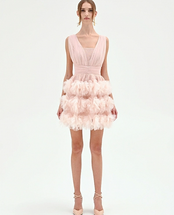 VESTIDO CORTO ROSA EMPOLVADO CON FALDA DE TUL - 21488