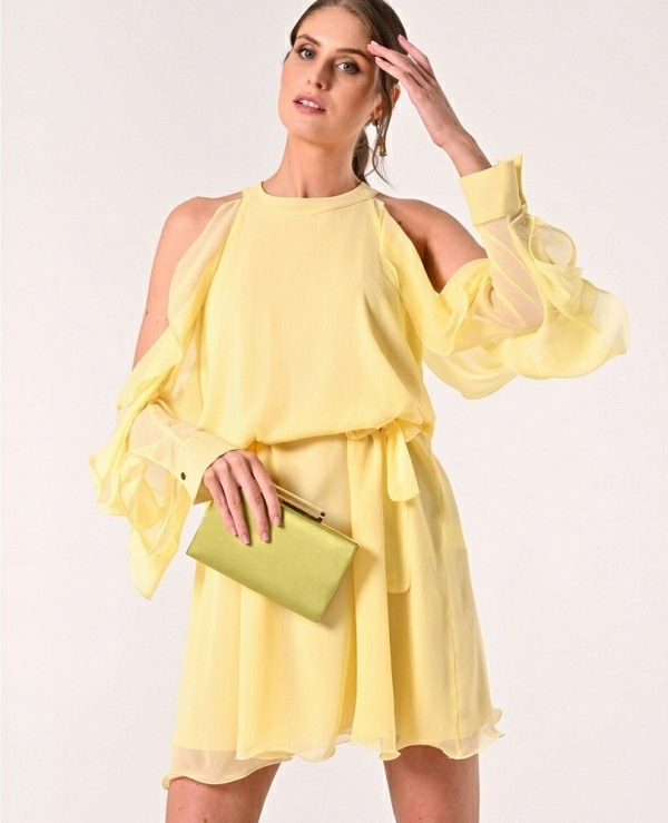 VESTIDO CORTO VUELO MANGAS CON VOLANTES Y ABERTURAS