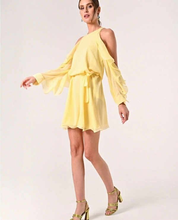 VESTIDO CORTO VUELO MANGAS CON VOLANTES Y ABERTURAS