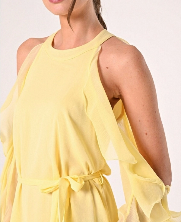 VESTIDO CORTO VUELO MANGAS CON VOLANTES Y ABERTURAS