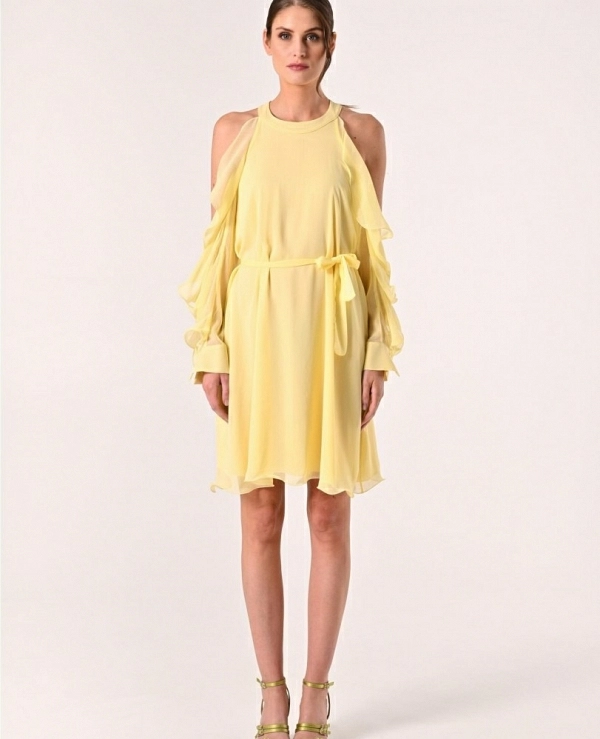VESTIDO CORTO VUELO MANGAS CON VOLANTES Y ABERTURAS