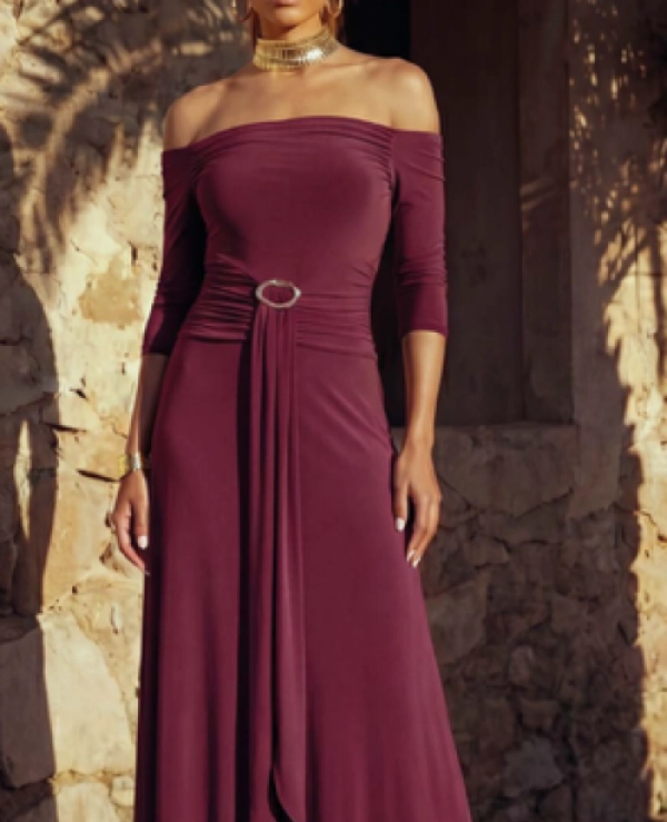 VESTIDO DE FIESTA LARGO EN COLOR GRANATE TIPO PUNTO