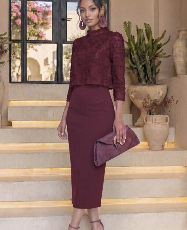 VESTIDO DE FIESTA MIDI EN COLOR GRANATE + BLUSA