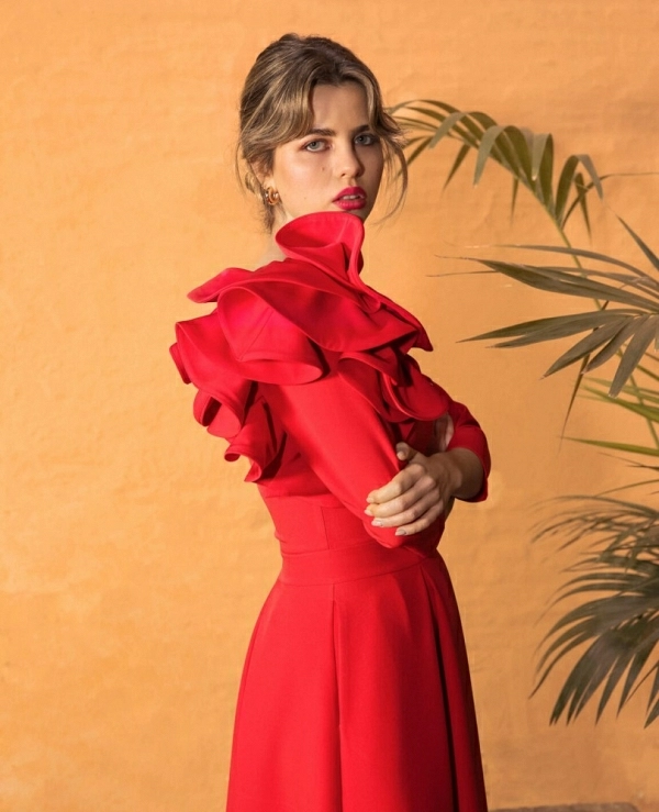 VESTIDO DE MANGA FRANESA LARGO MIDI CON COLA  - 14814