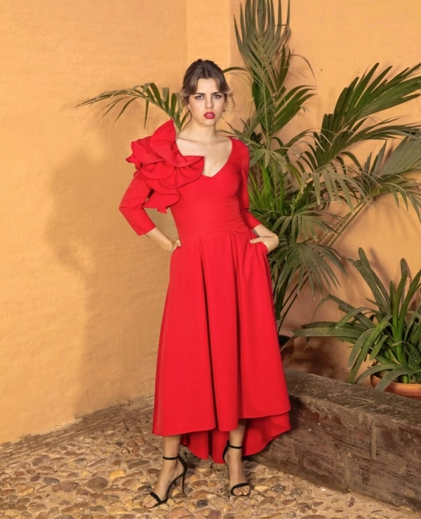 VESTIDO DE MANGA FRANESA LARGO MIDI CON COLA  - 14815