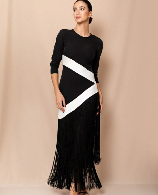 VESTIDO LARGO 7560 BICOLOR BAJO FLECOS