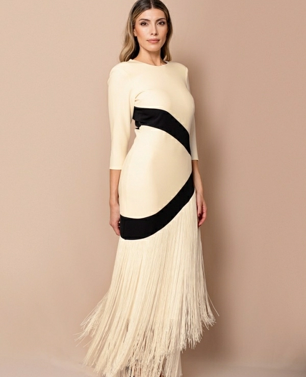 VESTIDO LARGO 7560 BICOLOR BAJO FLECOS