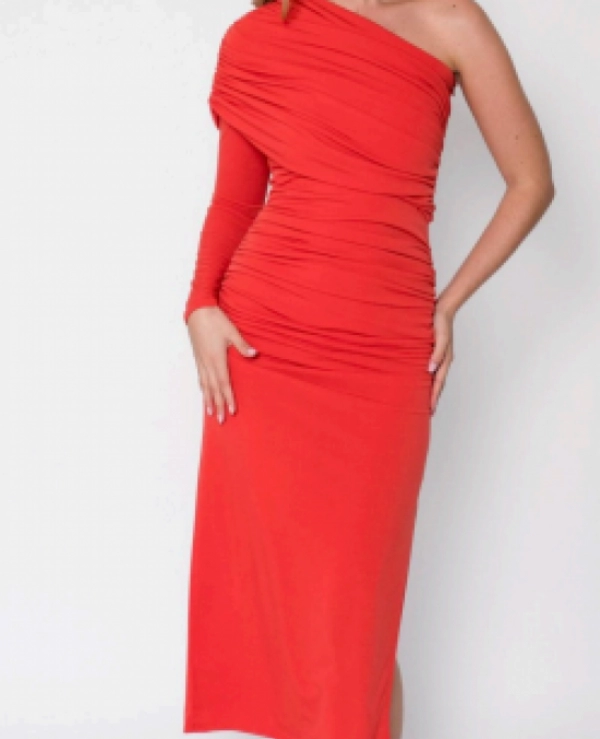 VESTIDO LARGO COLOR MENTA ASIMETRICO FRUNCES PECHO