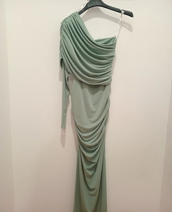 VESTIDO LARGO COLOR MENTA ASIMETRICO FRUNCES PECHO - 21063