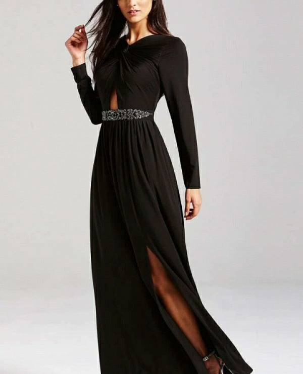 vestido largo detalle cintura manga larga - 3095