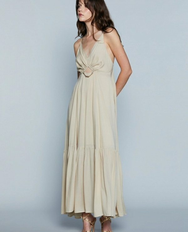 Vestido largo GETAFE S/M con abertura en el pecho ms logotipo de cadena ms volante RELISH