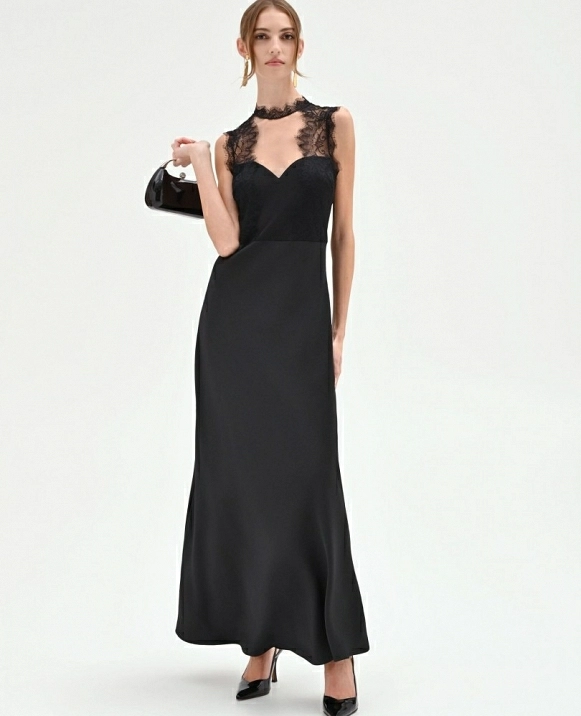 VESTIDO LARGO NEGRO CON BUSTIER DE ENCAJE