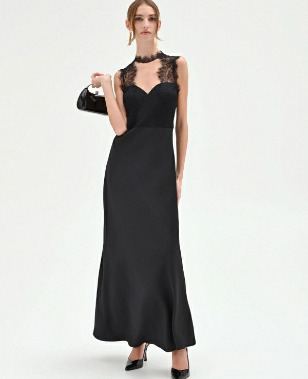 VESTIDO LARGO NEGRO CON BUSTIER DE ENCAJE