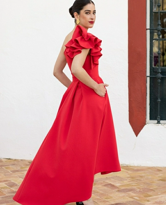VESTIDO LARGO TABLAS VOLANTE HOMBROS