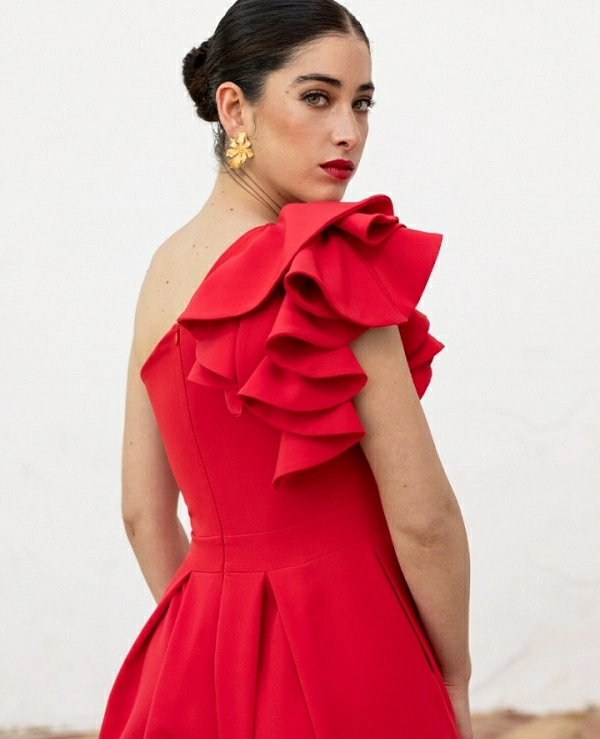 VESTIDO LARGO TABLAS VOLANTE HOMBROS