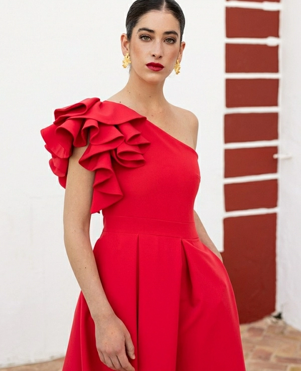 VESTIDO LARGO TABLAS VOLANTE HOMBROS