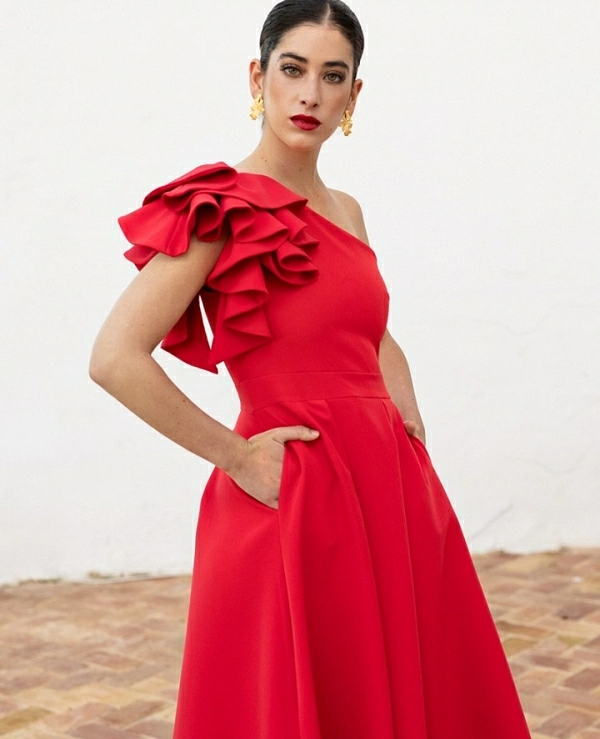 VESTIDO LARGO TABLAS VOLANTE HOMBROS