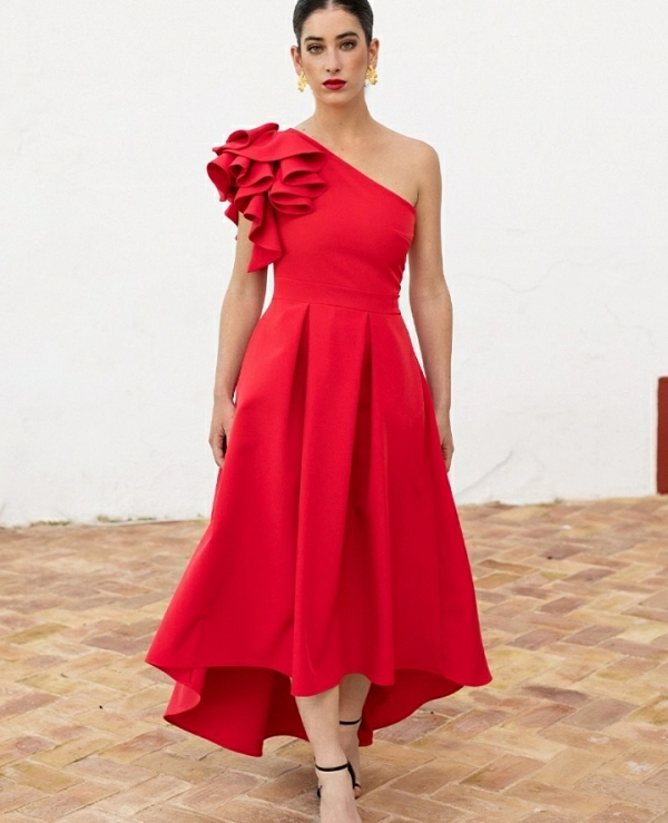 VESTIDO LARGO TABLAS VOLANTE HOMBROS