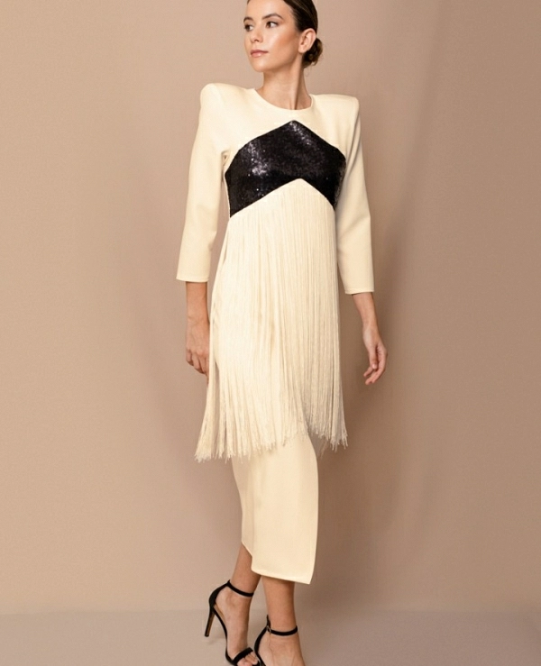 VESTIDO MIDI 7549 BICOLOR LENTEJUELAS Y FLECOS M/FRANCESA