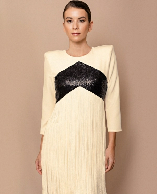 VESTIDO MIDI 7549 BICOLOR LENTEJUELAS Y FLECOS M/FRANCESA