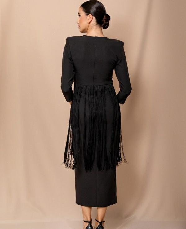 VESTIDO MIDI 7549 BICOLOR LENTEJUELAS Y FLECOS M/FRANCESA - 19011