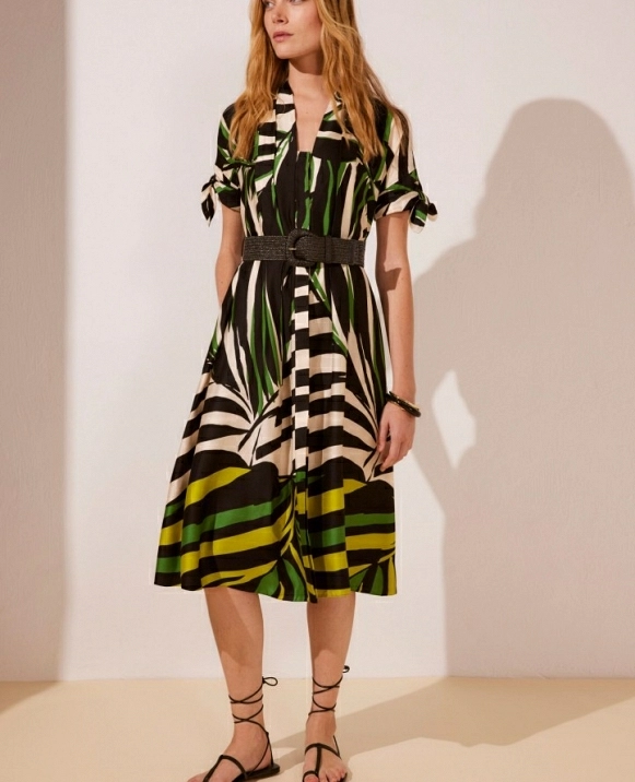 VESTIDO MIDI ESTAMPADO CON CINTRURN