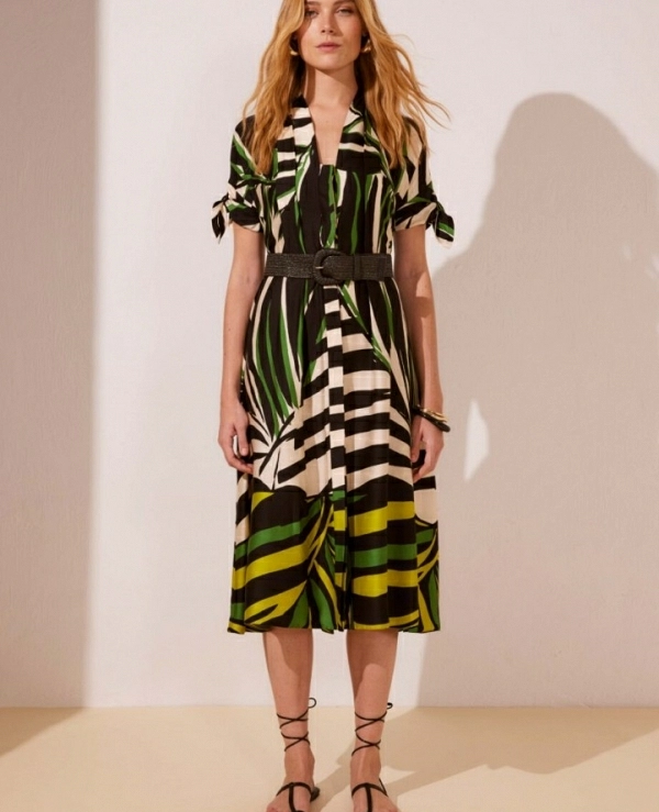 VESTIDO MIDI ESTAMPADO CON CINTRURN
