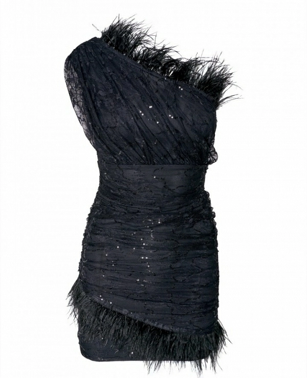 Vestido mini DE BSB asimtrico plumas - Gold label - 18959